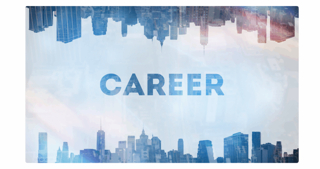 skyscrapers at the bottom and top of the image, with text in the middle