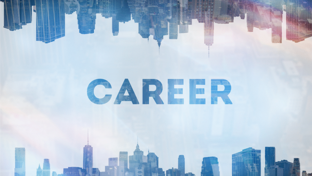 skyscrapers at the bottom and top of the image, with text in the middle