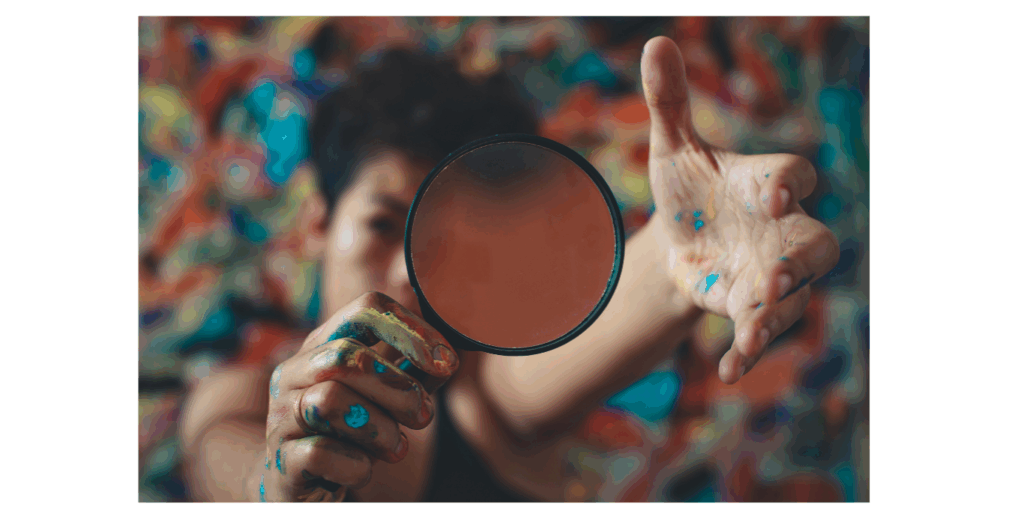 a magnifying glass and a woman
