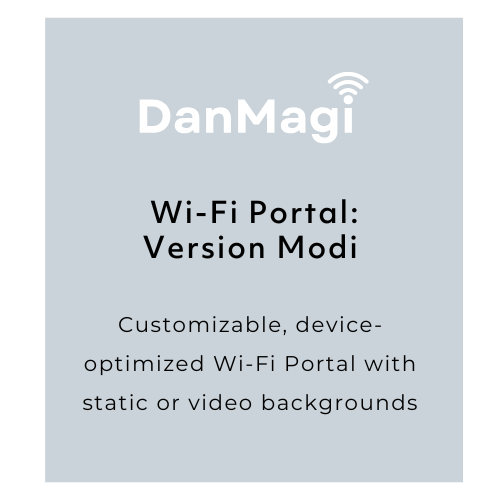 DanMagi logo, Wi-Fi portal version modi is customizable, device optimized wi-fi portal with static or video backgrounds