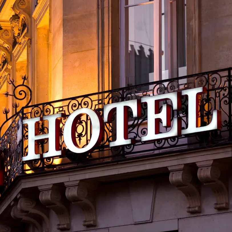 hotel building front with hotel logo