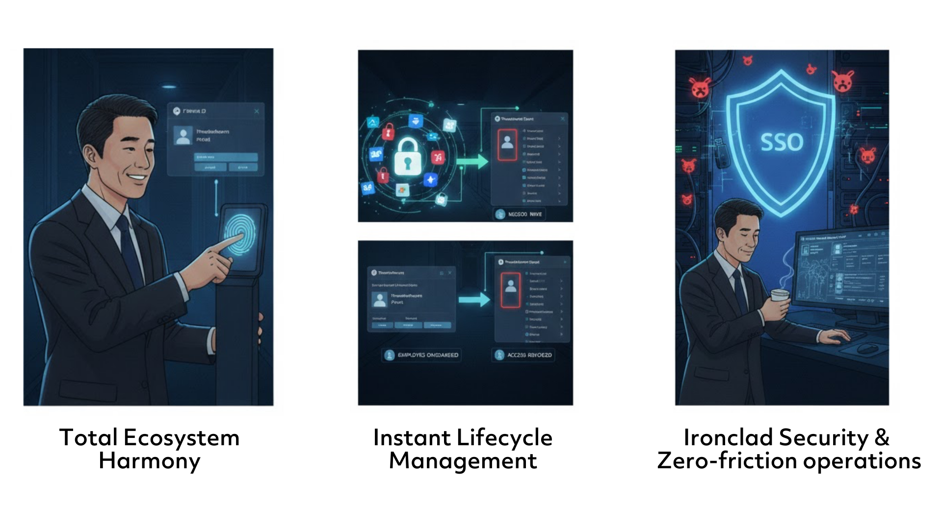 an illustration with 3 frames about total ecosystem harmony, instant lifecycle management, ironclad security and zero-friction operations