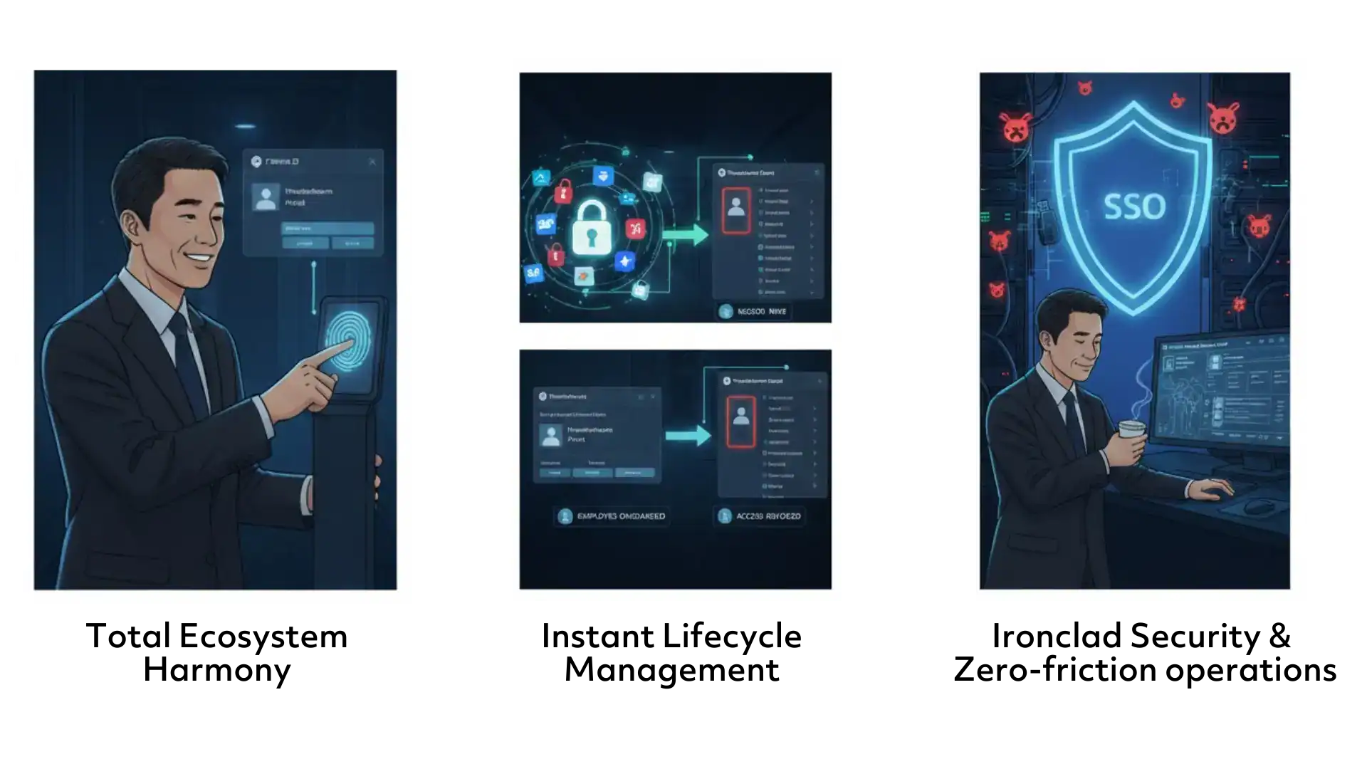 an illustration with 3 frames about total ecosystem harmony, instant lifecycle management, ironclad security and zero-friction operations