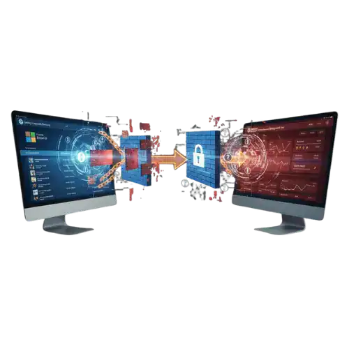 2 computers with conflicting scenarios side by side